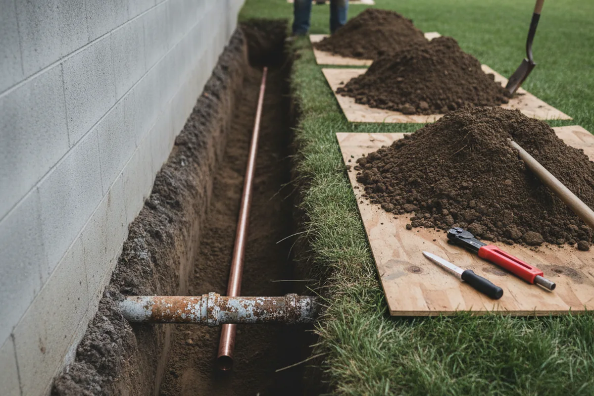 Excavated water line trench during Sewer Line Repair in Enid